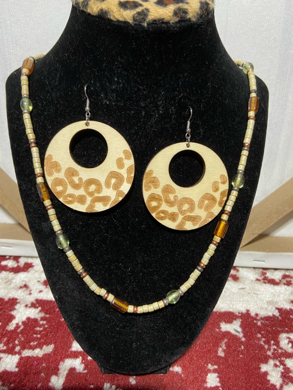 Beige Leopard Print Wooden Hoop Earrings with Beaded Necklace